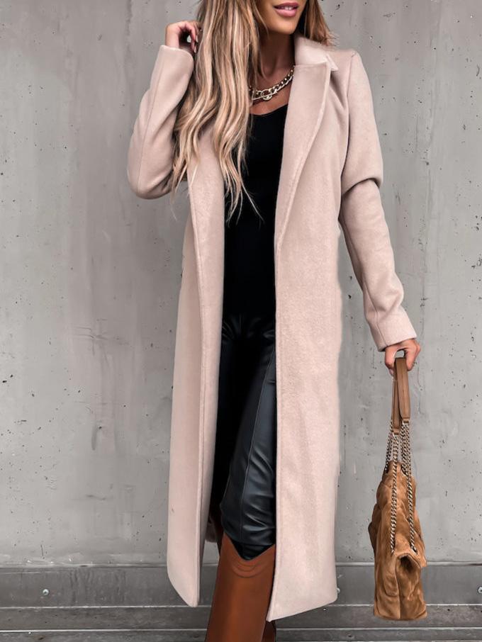 Coats Simple Lapel Belted Long Sleeve Woolen Coat