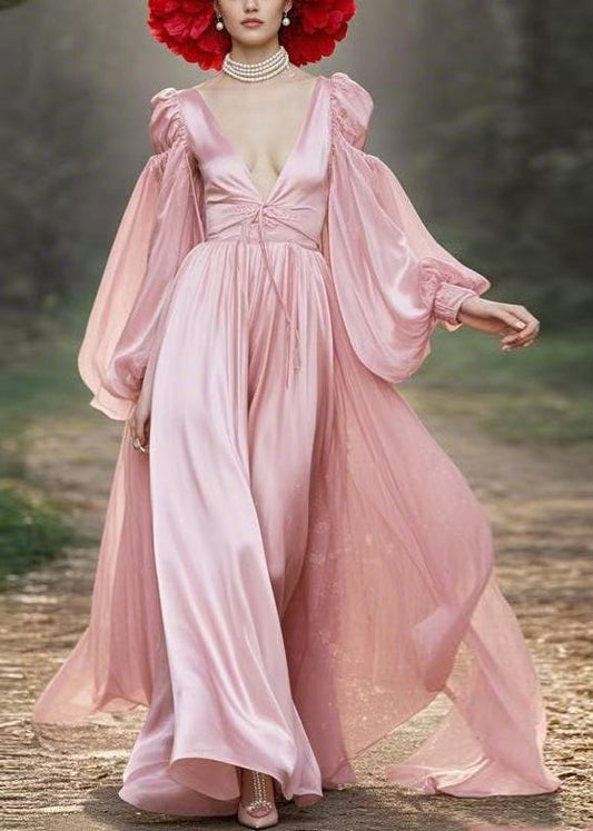 New Pink V Neck Lace Up Maxi Dress Lantern Sleeve