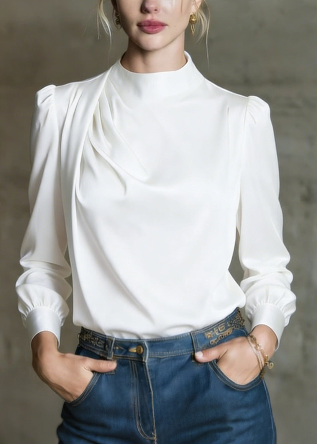White O Neck Wrinkled Silk Shirts Spring