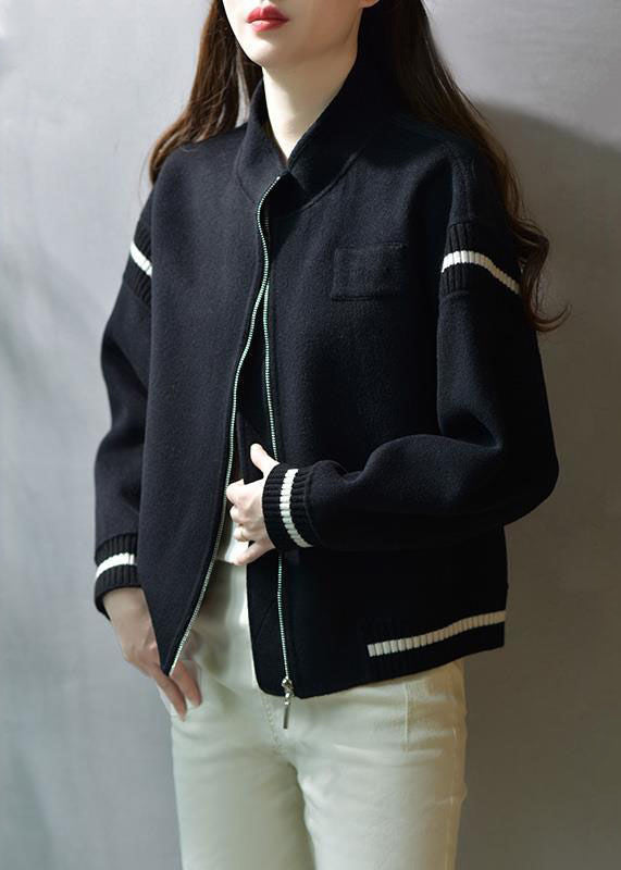 Green Stand Collar Zip Up Patchwork Woolen Coats Fall