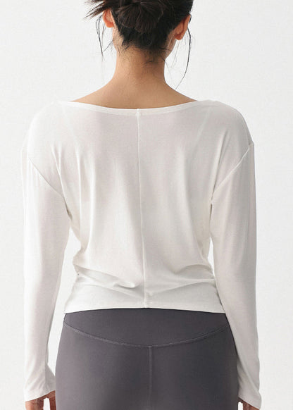 White V Neck Wrinkled Slim Yoga Tops