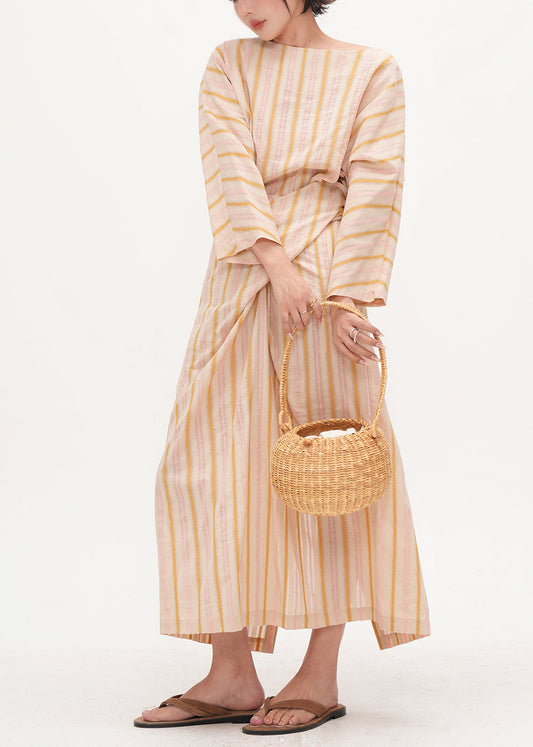 Beige Asymmetrical Striped Cotton Tunic Dress Fall