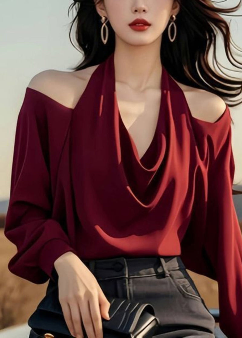 Stylish Wine Red Cold Shoulder Original Design Tops Spring