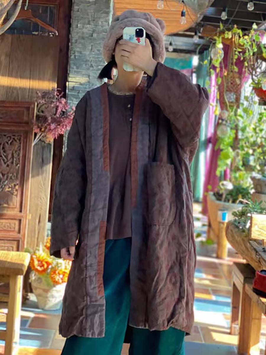 Linen Retro Print Pocket Long Sleeve Coat
