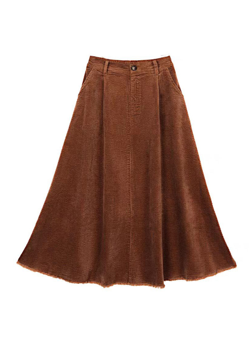 Coffee Wrinkled Pockets Corduroy Maxi Skirt Spring
