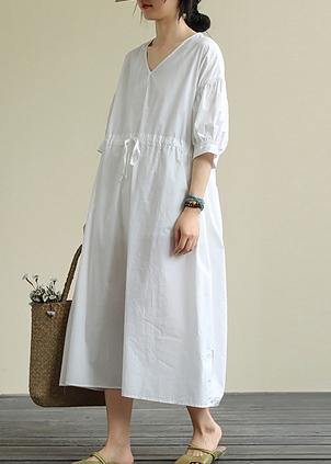 100% White Cotton Tunic Pattern V Neck Drawstring Maxi Dress