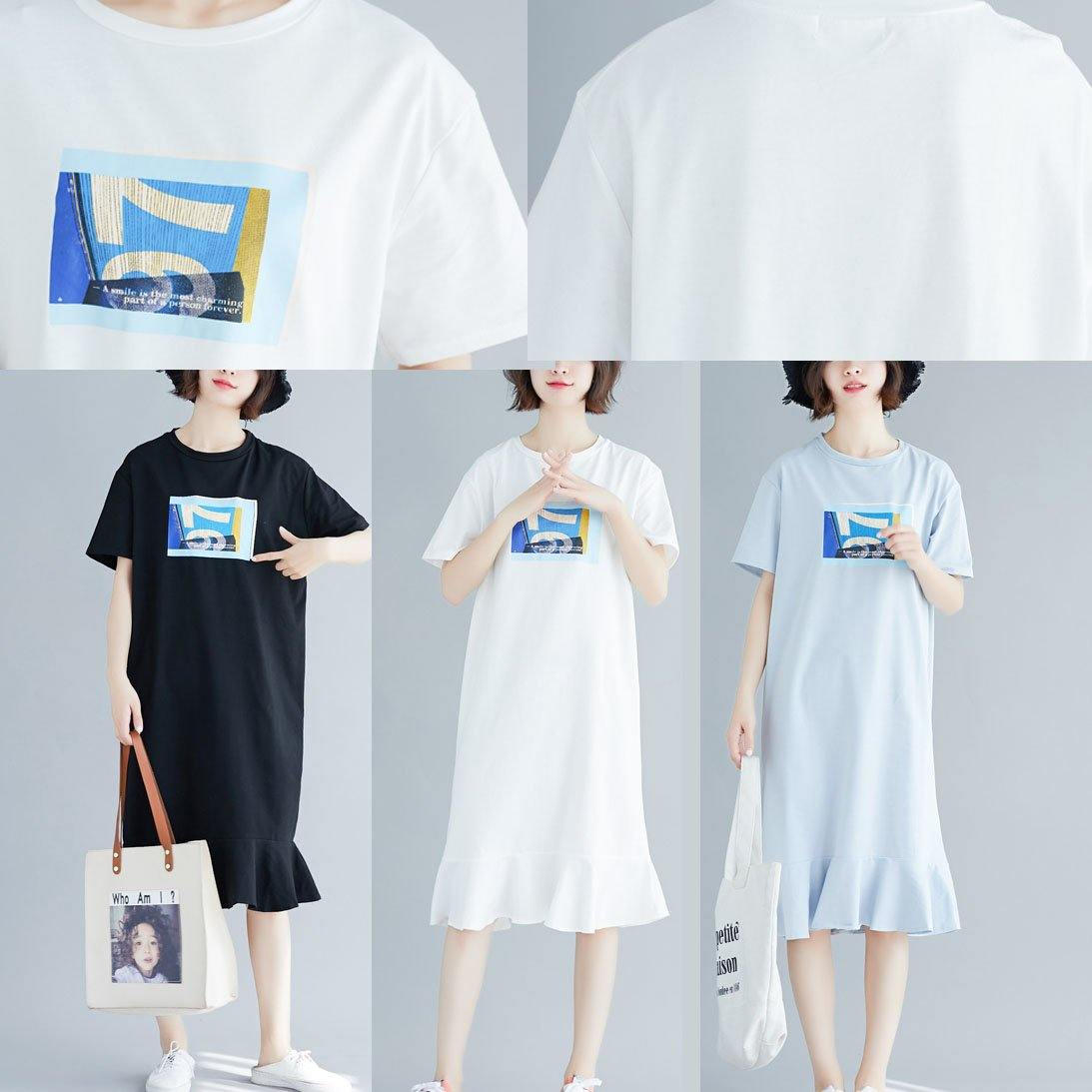 100% Blue Prints O Neck Cotton Dress Ruffles Hem Robe Summer Dresses