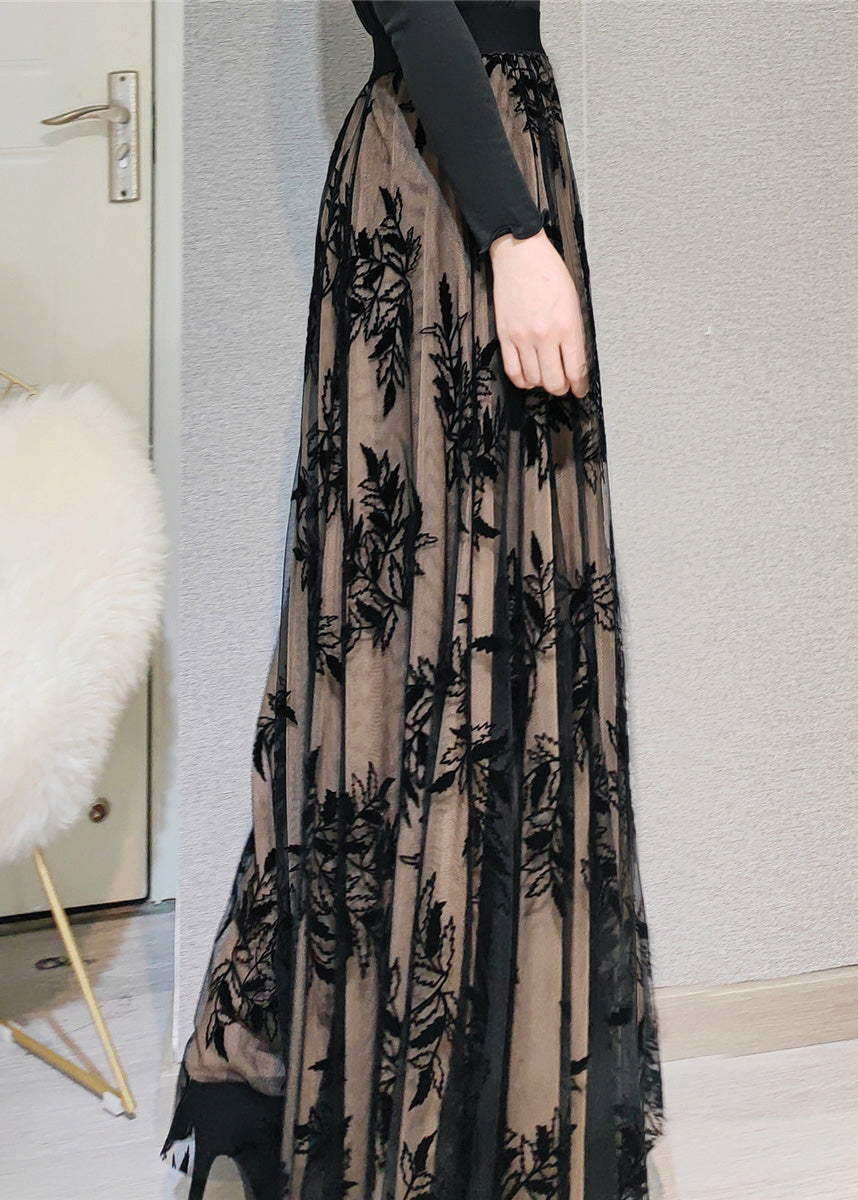 Novelty Chocolate Embroideried High Waist Draping Tulle Maxi Skirt Spring
