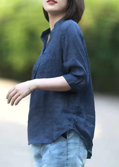 Navy Pockets Linen Shirt Top Stand Collar Button Half Sleeve
