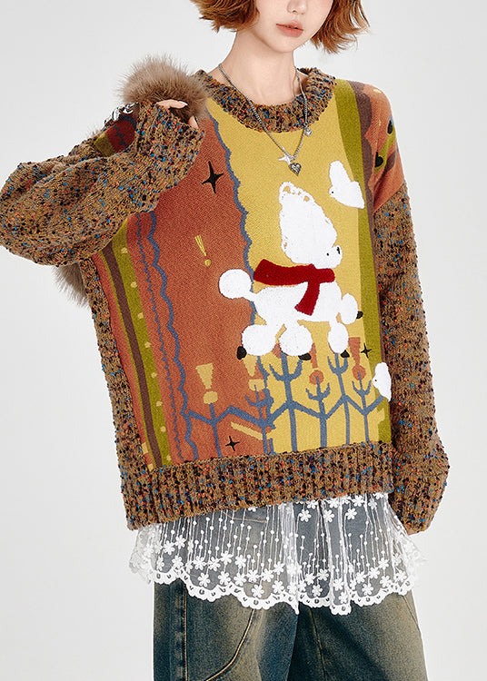 Brown Oversized Patchwork Thick Knit Sweater Winter
