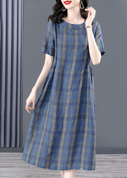 Blue O-neck Plaid Wrinkled Pockets Cotton Cinch Dress Short Sleeve