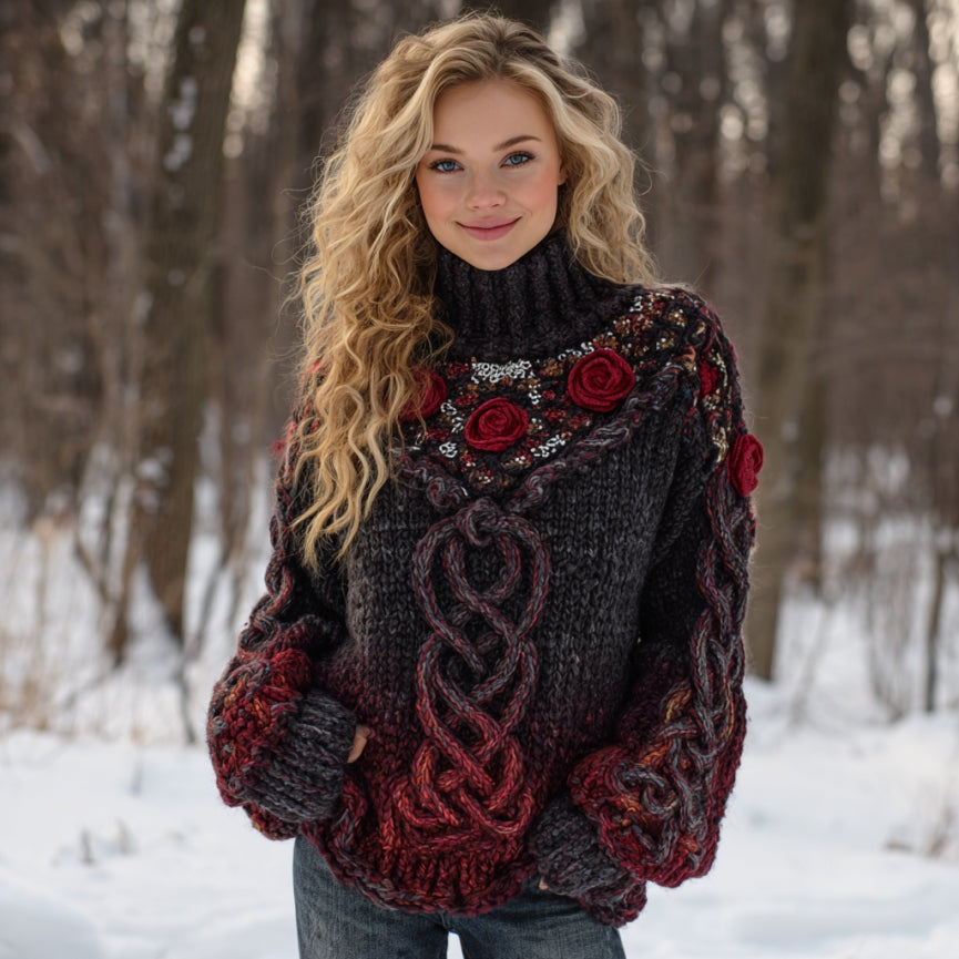 Vintage Tribal Celtic Roses Gradient Art Cozy Knit Turtleneck Sweater artswardrobe