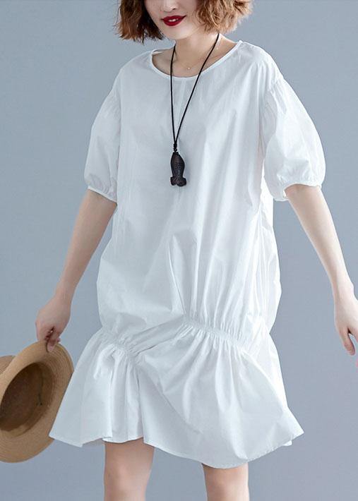 O Neck Lantern Sleeve Cotton Pattern White Dresses