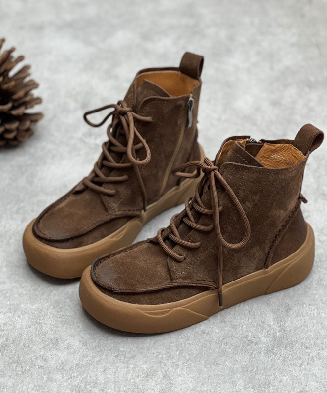 Coffee Cowhide Leather Boots Zippered Lace Up Mountaineering Boots