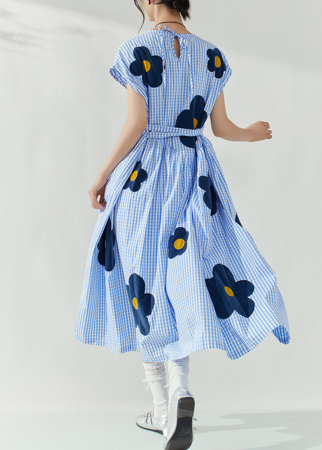 Blue O-neck Plaid Tie Waist Maxi Dresses Summer