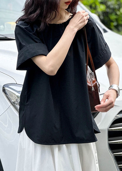 Black Side Open Cotton Tops O Neck Short Sleeve