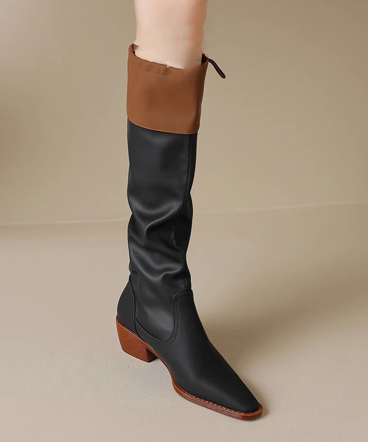 Black Faux Leather Splicing Chunky Knee Boots