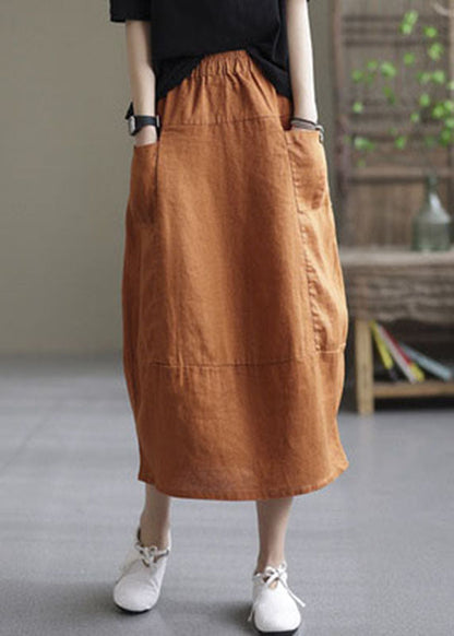 Boutique Orange Elastic Waist Pockets Patchwork Linen Skirt Spring