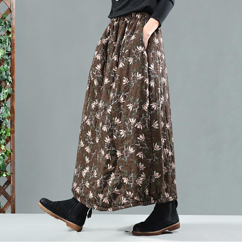 Retro Cotton Linen Quilted Thick Print Skirt