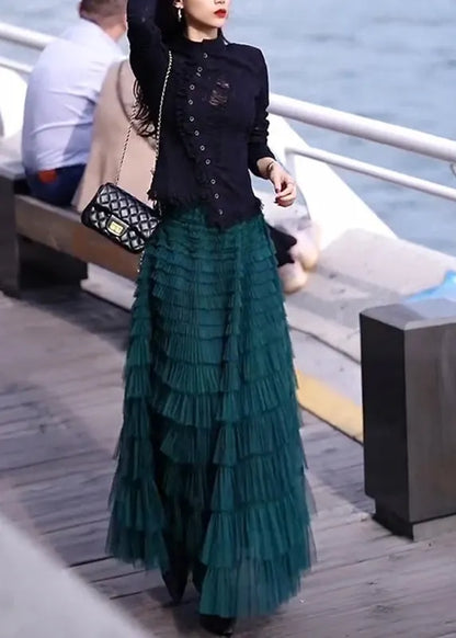 French O-neck Button Top and Tulle Pleated Skirt Two Piece Set Spring