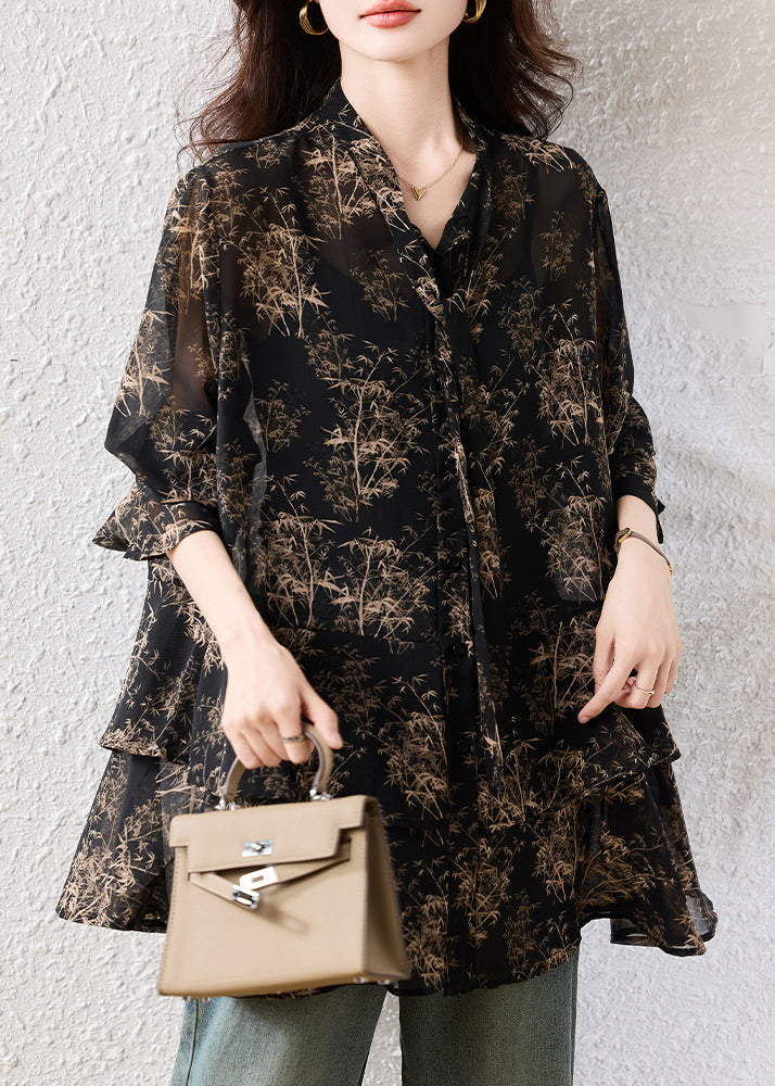 Black Oversized Print Chiffon Shirts Fall