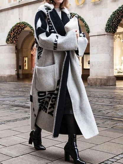 Letter Print Pocket Long Woolen Coat