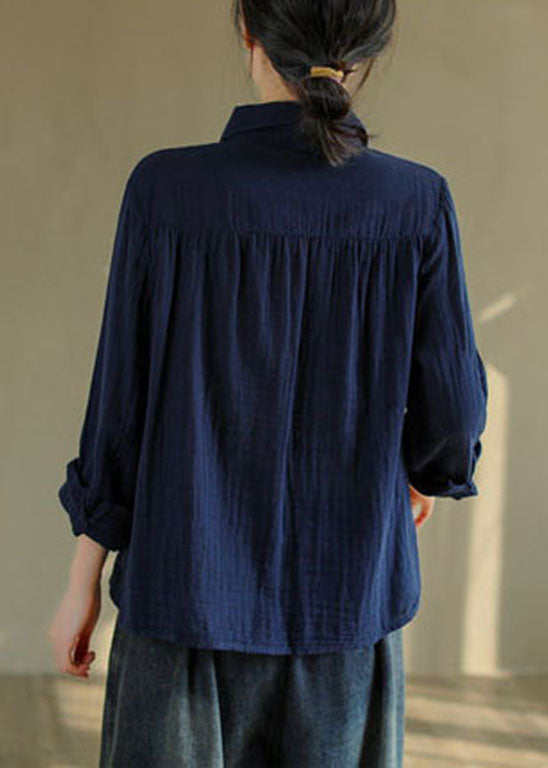 French Tibetan Blue Button Peter Pan Collar Lace Patchwork Cotton Shirt Tops Spring