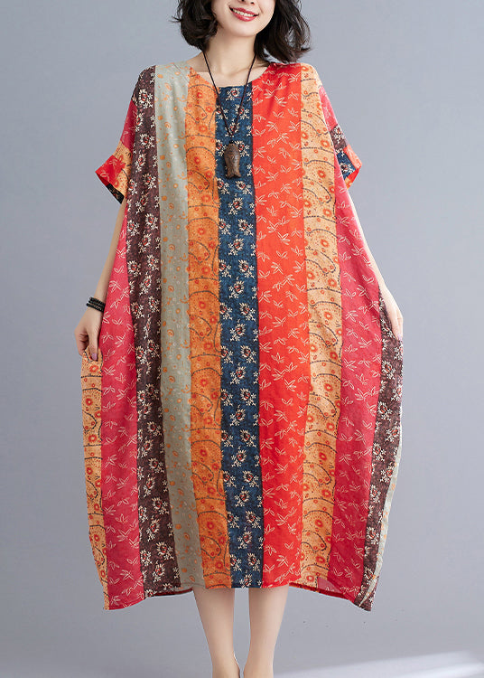 Loose Coffee Orange O-neck Print Beach Dresses Short Sleeve