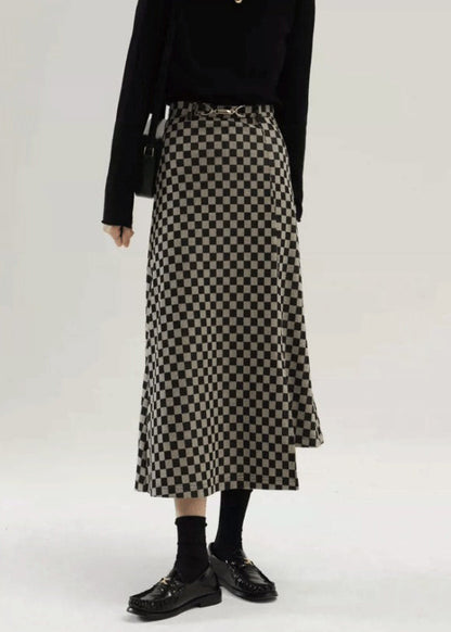 Plaid Side Open High Waist Cotton Skirt Fall