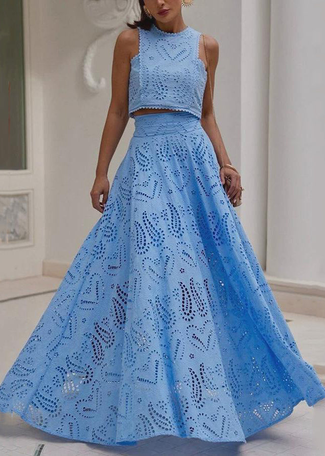 French Blue Hollow Out Tops and Skirts Cotton Two Piece Set Sleeveless