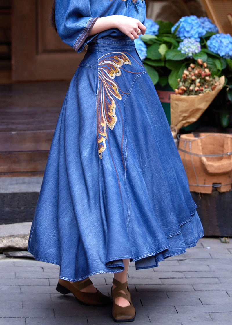 Classy Blue Print High Waist Silk Cotton a Line Denim Skirts Summer