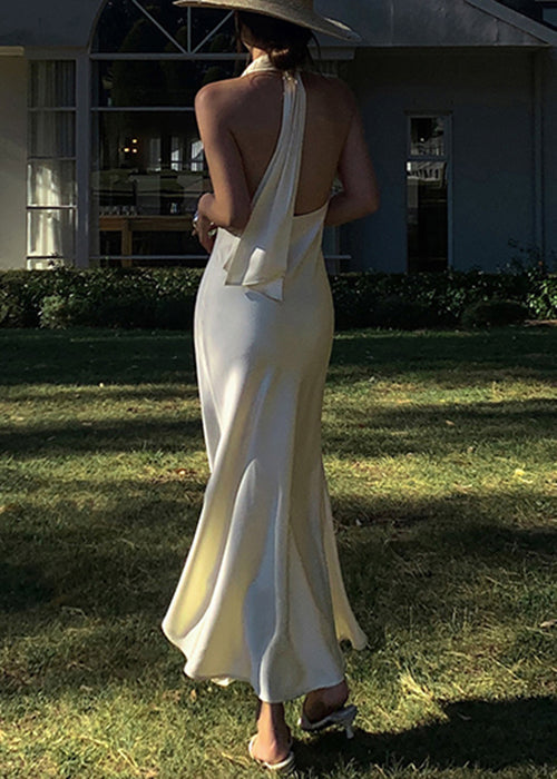 Art Beige V Neck Backless Silk Long Dresses Sleeveless