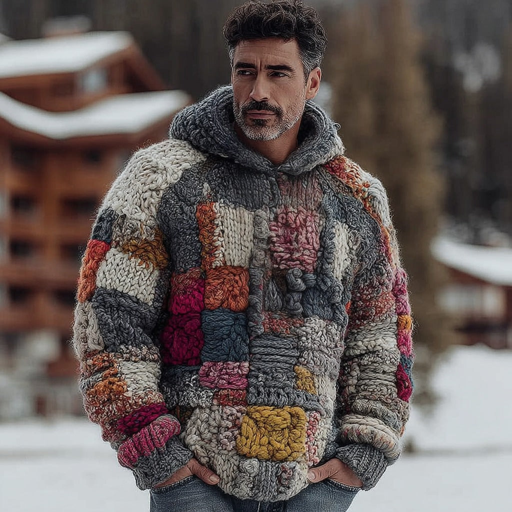Men's Retro Geometric Color Block Chunky Knit Warm Hooded Sweater artswardrobe