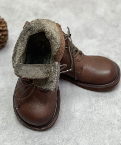 Coffee Boots Cowhide Leather Warm Fleece Lace Up Boots