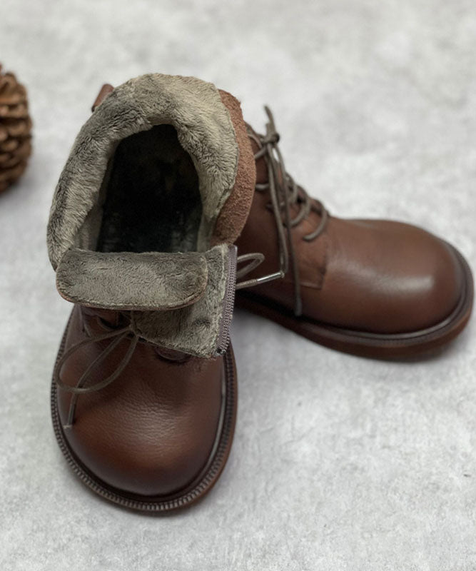 Coffee Boots Cowhide Leather Warm Fleece Lace Up Boots