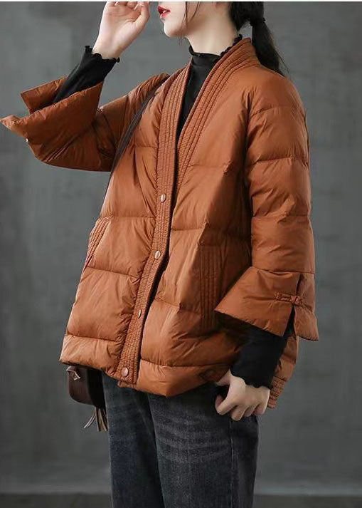 Red V Neck Button Thick Winter Duck Down Jackets