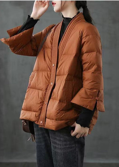 Black V Neck Button Thick Winter Duck Down Jackets