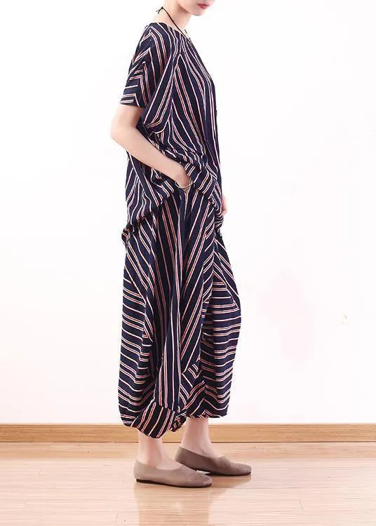 New Summer Stylish Red Blue Striped Batwing Sleeve Tops and Lantern Pants