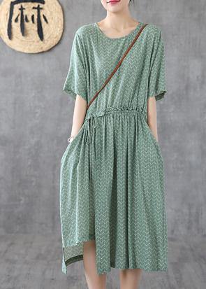 Green Print Linen Dresses O Neck Asymmetric Loose Summer Dress
