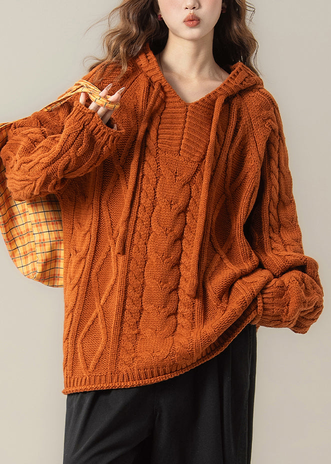 Orange Oversized Cable Knit Spring Top Hooded