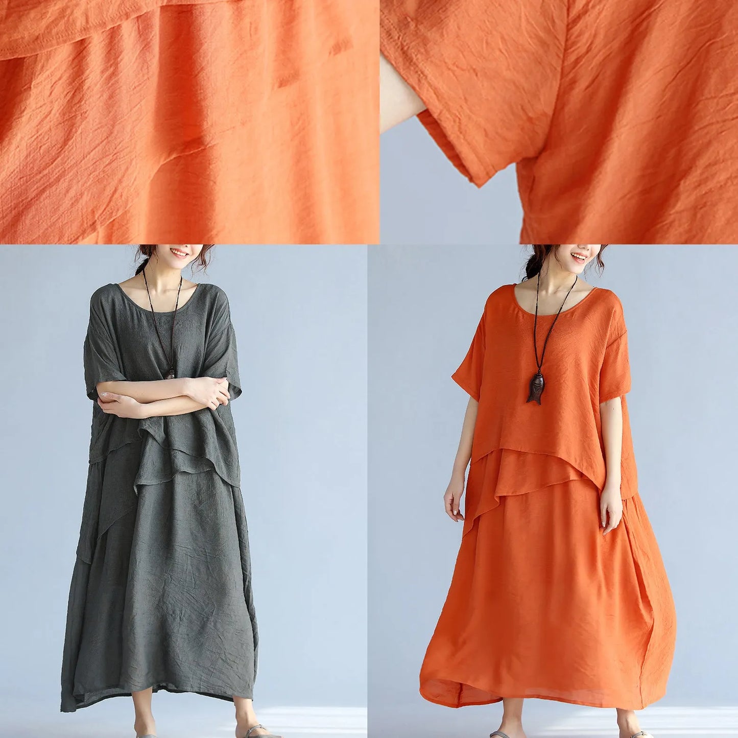 Baggy Gray Long Linen Dresses Oversized Layered Cotton Maxi Dress Short Sleeve Cotton Clothing