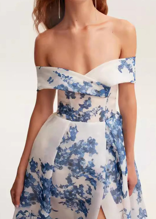 New Off Shoulder Print Organza Long Dress Summer