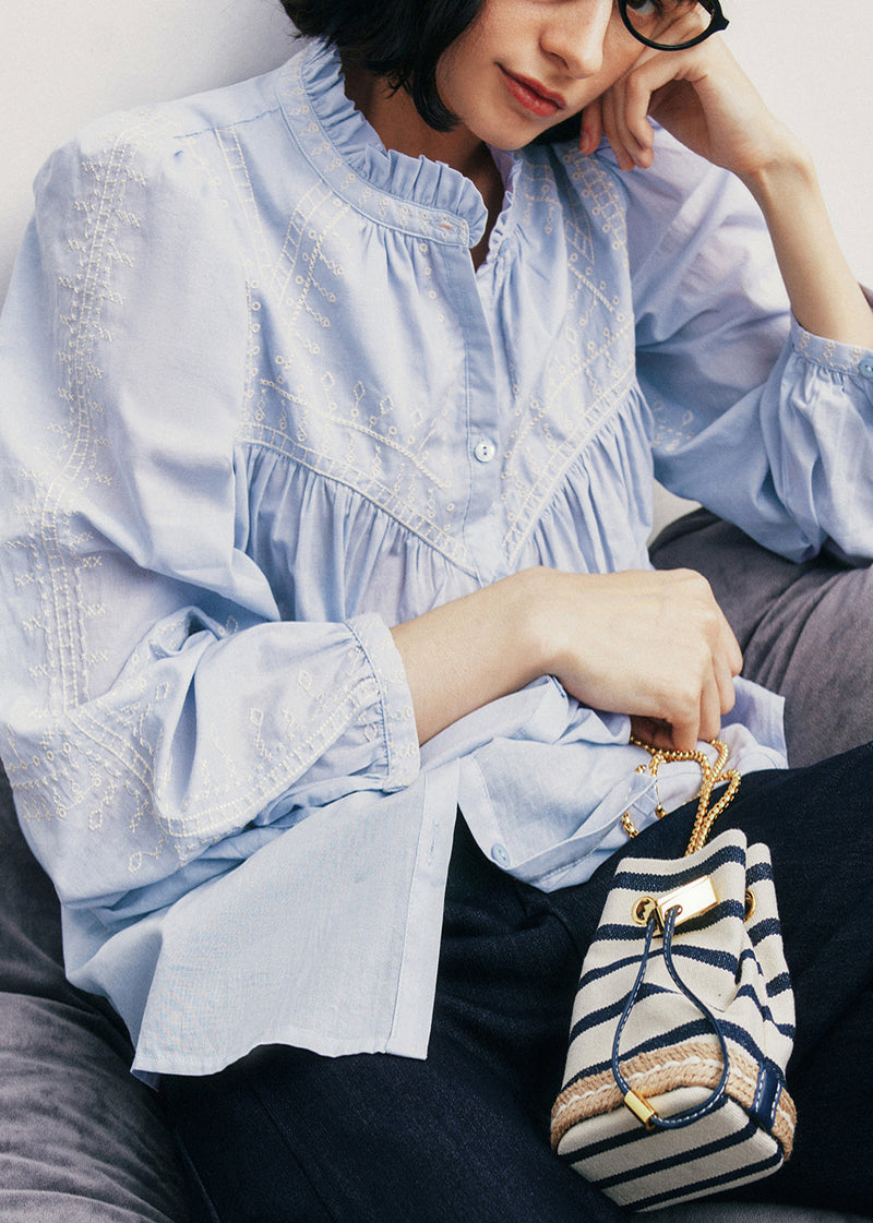 New Blue Ruffled Button Patchwork Cotton Shirts Top Fall