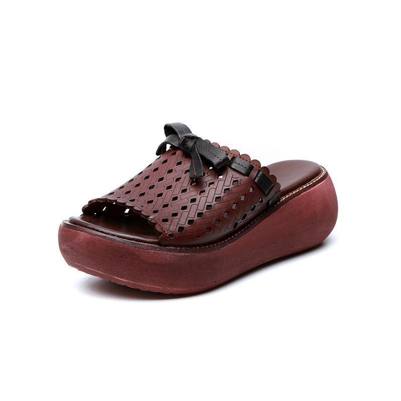 Leather Hollow Out Wedge Slippers