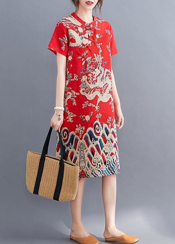 Modern O Neck Chinese Button Tunic Dress Pattern Red Dragon Pattern Dresses