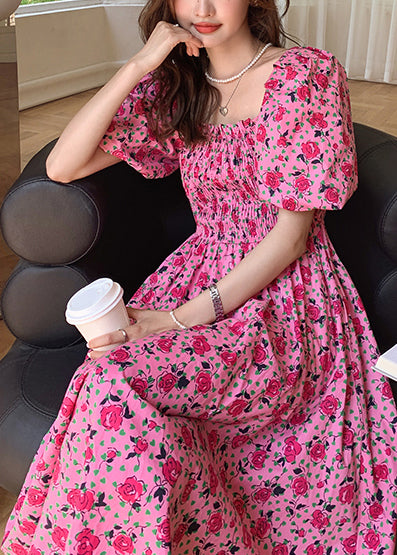 Rose Puff Sleeve Print Cotton Holiday Dress