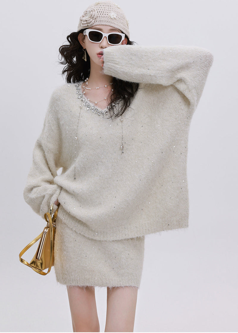 Boutique White Sequins Warm Knit Sweater and Skirt Two Piece Set Winter