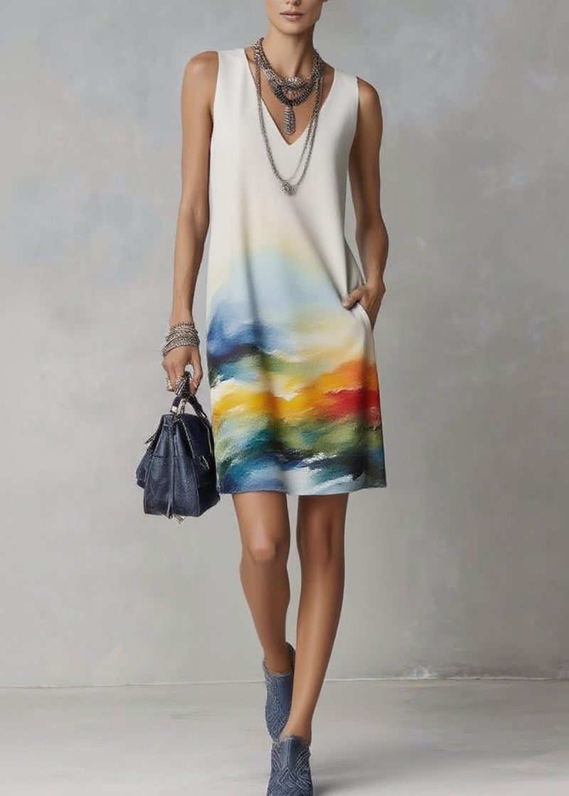 Handmade Print Mid Dresses V Neck Pockets Sleeveless