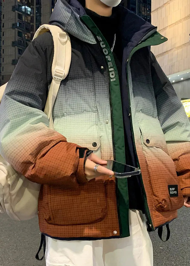 Unique Orange Gradient Color Hooded Pockets Duck Down Down Coats Winter