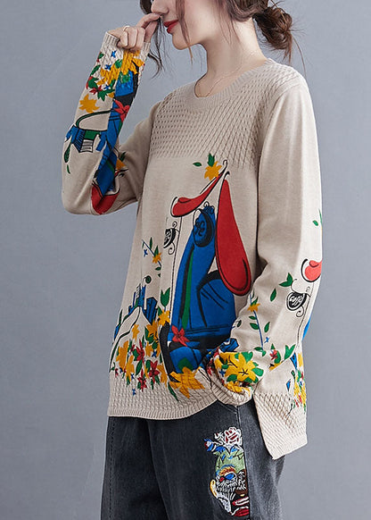 Khaki Side Open Print Knit Sweaters Winter